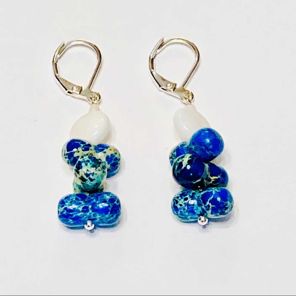 Dark Turquoise Sea Sediment Jasper Interlocking Stone .925 Silver Earrings